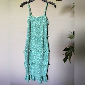 No Boundaries Teal Floral Dress Ruched Layered